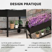Outsunny Raised Garden Planter on Legs dim. 109L x 39l x 80H cm Shelf 2 Wheels + Irrigation Insert Metal Black(m-5)