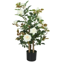 HOMCOM 90cm Artificial Rose Tree, Decorative Fake Plant with 344 Silk Leaves 17 Flowers for Outdoor Indoor Decor, White(m-1)