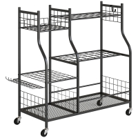 Outsunny Organizador de Herramientas de Jardín de Acero de 3 Niveles, 74 Huecos, 4 Ruedas, 11 Ganchos, 104x40x95cm, Negro