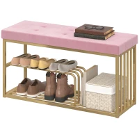 HOMCOM Bench and Shoe Storage, Tufted Shoe Storage Bench with Velvet Seat Cushion Gold Steel Frame for Entryway, Pink(m-11)