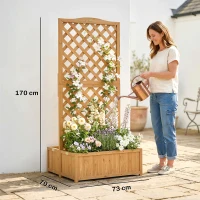 Outsunny Jardinière avec treillis en bois pour plantes grimpantes avec 2 bacs pliables fond à lattes 73x70x170 cm Naturel(m-3)