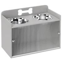 PawHut Podwyższona stacja żywieniowa z 2 miskami i szafką, MDF, stal nierdzewna, wzór kości, szary(m-1)