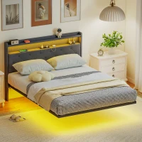 HOMCOM Floating Bed Frame, Upholstered 4ft6 Double Size Bed, Platform Bed with RGB LED Lights and Charging Station, Grey(m-2)