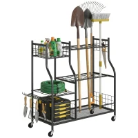 Outsunny Gartenwerkzeug-Organizer aus Stahl, 3 Ebenen, 74 Aufnahmen, 4 Räder, 11 Haken, 104x40x95cm, Schwarz(m-8)