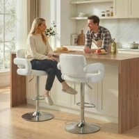 HOMCOM Bar Stools Adjustable Swivel Kitchen Chairs with Backrest Armrest Set of 2 PU Leather White(m-2)