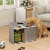 PawHut Podwyższona stacja żywieniowa z 2 miskami i szafką, MDF, stal nierdzewna, wzór kości, szary(m-2)