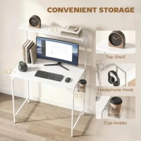 HOMCOM Computer Desk, 80cm Home Office Study Table with Hutch Shelf, Cup Holder, Headphone Hook, White(m-4)