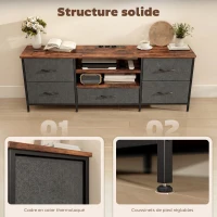 HOMCOM Meuble TV 140 cm, meuble télé 65 pouces, station de charge, 5 tiroirs en tissu, étagères ouvertes, 140x30x50cm, marron(m-6)