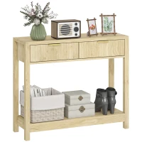 HOMCOM Console meuble 90 cm, table console étroite avec 2 tiroirs rainurés et étagère, style moderne, bois naturel(m-11)