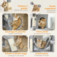 PawHut Arbre à chat tour de jeux pour chat 8 poteaux à griffer 4 plateformes 2 niches  échelle et 3 boules hauteur 192 cm gris(m-5)