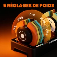 SPORTNOW Haltère réglable 5 à 25 kg avec base de rangement 5 niveaux de poids, poignée antidérapante disques d'haltères octogones(m-4)