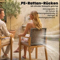 Outsunny Gartenstühle 2er Set FSC Akazienholz Stapelbar Holzstühle mit Rattan-Rückenlehne abnehmbaren Kissen Armlehne(m-5)