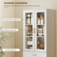 HOMCOM Buffet haut cuisine, armoire de cuisine, 4 portes dont 2 en verre, tiroirs, étagères réglables, 60x35x180cm, blanc(m-6)