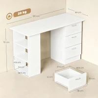 HOMCOM Computer Desk with Drawers, Home Office Desk, Writing Table, PC Workstation with 3 Storage Shelves for Working, Study, 120 x 49 x 72 cm, White(m-3)