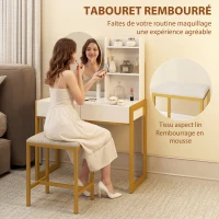 HOMCOM Coiffeuse avec miroir et tabouret, station de charge, table de maquillage avec 2 tiroirs, 3 étagères ouvertes, blanc(m-7)