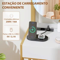 HOMCOM Toucador de Maquilhagem com Espelho e Banco Acolchoado Estação de Carregamento 2 Gavetas 3 Prateleiras para Quarto Branco(m-4)