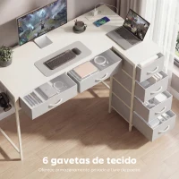 HOMCOM Secretária de Canto Reversível com 6 Gavetas 126x48 cm com Tomada de Energia Porta USB e USB-C Branco(m-6)