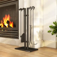 Outsunny Ensemble serviteur de cheminée 5 pièces, outils de cheminée, en métal, balai, pelle, pince, tisonnier et support, noir(m-2)