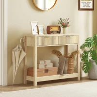 HOMCOM Console meuble 90 cm, table console étroite avec 2 tiroirs rainurés et étagère, style moderne, bois naturel(m-10)