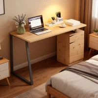 HOMCOM Computer Desk, Writing Desk with Cabinet, Drawer, Metal Legs, Work Table for Home Office Study, Natural Wood Finish(m-7)