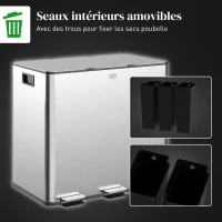 HOMCOM Poubelle de cuisine, poubelle tri sélectif, 3 compartiments de 15L, seaux intérieurs amovibles, 61,9x36,6x43,2cm, argent(m-7)
