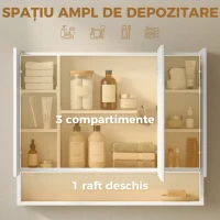 kleankin, Dulap cu Oglindă, 3 Uși Soft Close și Rafturi Reglabile, MDF, sticlă, 90 cm x 15 cm x 75 cm, Alb(m-4)