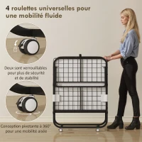 HOMCOM Lit pliant 1 personne 200 x 80 cm avec matelas, lit d'appoint pliable et portable sur roulettes, cadre en acier, blanc(m-7)