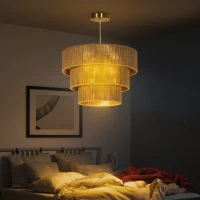 HOMCOM Hemp Rope Ceiling Light, 3-Layer Boho Pendant Light, 4 x E14 Vintage Ceiling Lamp Fixtures for Living Room, Bedroom, Kitchen, Hallway, Light Brown(m-2)