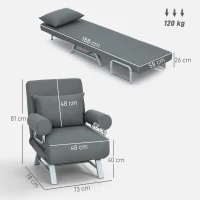 HOMCOM Sofá Cama Dobrável Estofado em Linho Sintético com Encosto Ajustável em 5 Níveis e Almofada Acolchoada 73x78x81 cm Cinzento Escuro(m-3)