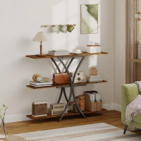 HOMCOM Mesa Consola de 3 Níveis Estilo Industrial com 2 Prateleiras Abertas e Estrutura Metálica em X Consola Estreita 110x30x91 cm Castanho Rústico(m-8)