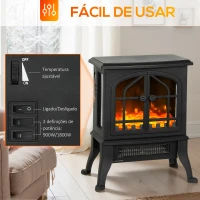 HOMCOM Lareira Elétrica 900/1800W com Efeito Chama 3D 2 Níveis de Potência Termóstato Ajustável  para 15-30 ㎡ 39x24x48 cm Preto(m-6)