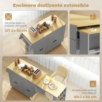 HOMCOM Isla de Cocina con Ruedas Encimera Extensible 4 Puertas Estantes Ajustables Especiero y Soporte para Toallas Gris(m-4)