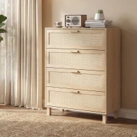 HOMCOM Commode 4 tiroirs cannage en rotin dim. 80L x 40l x 103H cm MDF Aspect Bois Clair(m-7)