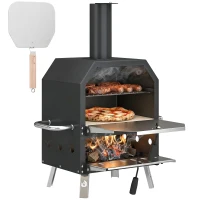 Outsunny Four à Pizza Extérieur à Bois et Charbon 2 Étages Combiné Barbecue Fumoir Pierre de 30 cm et Pelle Portable Noir(m-11)