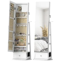 HOMCOM Espelho de Pé Giratório 360° com Espelho com Interior Iluminado Organizador de Jóias com Prateleiras e Gavetas 56x56x164 cm Branco(m-1)