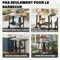 Outsunny Desserte Jardin 2 Niveaux Plateau en Inox avec Table Latérale Pliable et Roulettes, 115x67,5x80,5cm, Noir(m-8)