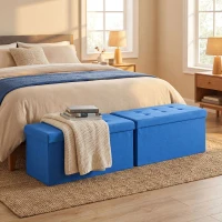 HOMCOM Puff de Armazenamento Banco de Armazenamento Dobrável 84 L 76x38x38 cm Estofado em Linho Sintético Azul Claro(m-9)