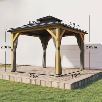 Outsunny 3 x 3 m Outdoor Hardtop Gazebo Canopy with 2-Tier Steel Roof, Wood Garden Gazebo with Curtains, Grey(m-3)