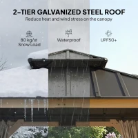 Outsunny 3 x 3 m Outdoor Hardtop Gazebo Canopy with 2-Tier Steel Roof, Wood Garden Gazebo with Curtains, Grey(m-4)