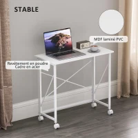 HOMCOM Bureau pliant table d'ordinateur 80 x 40 cm sur roulettes pour bureau à domicile, chambre, petits espaces, blanc(m-6)