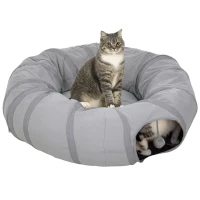 PawHut Tunnel pour chat intérieur rond tunnel avec lit et coussin, pliable, avec trous pour balles et judas, Ø 90 x 27 cm gris(m-11)
