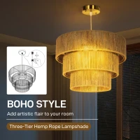 HOMCOM Hemp Rope Ceiling Light, 3-Layer Boho Pendant Light, 4 x E14 Vintage Ceiling Lamp Fixtures for Living Room, Bedroom, Kitchen, Hallway, Light Brown(m-4)