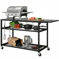 Outsunny Desserte jardin chariot de barbecue sur roulettes avec Plateau Latéral Pliable, Trois Étagères, 133 x 48,5 x 82 cm, Noir(m-1)