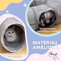 PawHut Tunnel pour chat intérieur rond tunnel avec lit et coussin, pliable, avec trous pour balles et judas, Ø 90 x 27 cm gris(m-6)