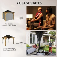 Outsunny 3 x 3 m Outdoor Hardtop Gazebo Canopy with 2-Tier Steel Roof, Wood Garden Gazebo with Curtains, Grey(m-5)