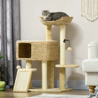 PawHut Arbre à chat avec griffoir niche panier d'observation plateformes pompon suspendus 60 x 40 x 98 cm beige(m-10)