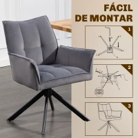 HOMCOM Conjunto de 2 Cadeiras de Refeição Giratórias 360° Estofado Estofamento em Veludo Pés em Aço 63x64x85 cm Cinza(m-7)