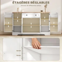 HOMCOM Buffet cuisine, meuble de rangement avec tiroir, 4 portes, étagères réglables et 6 racks de porte, 138x40x83,5cm, blanc(m-6)