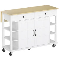 HOMCOM Ilha de Cozinha com Rodas Bancada Dobrável 2 Portas com Fecho Suave 2 Gavetas 6 Prateleiras Abertas 120x65x89 cm Branco(m-1)