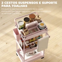 HOMCOM Carrinho Auxiliar com Rodas de 3 Níveis com Cestos Extraíveis Suporte para Toalhas e Estrutura de Metal 42x42,5x76 cm Rosa(m-5)